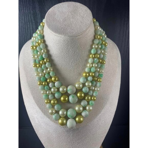 Vintage MCM 4 strands Beaded Necklace Multi-Strand Green Gold & Pearl-Like Beads - Picture 1 of 9
